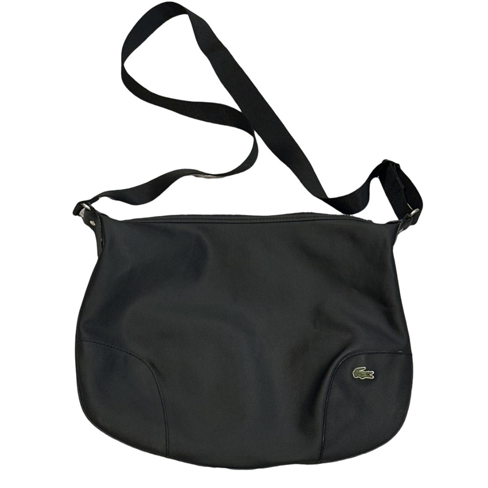 LACOSTE black synthetic crossbody bag with thick shoulder strap, medium size.